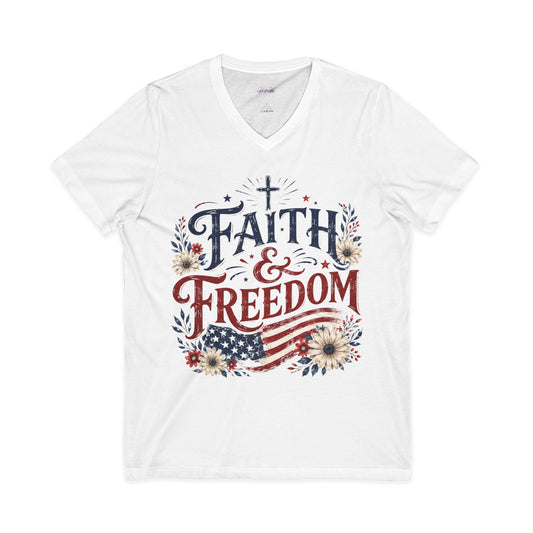 Faith & Freedom V-Neck Tee — Patriotic American Flag Floral Christian Shirt
