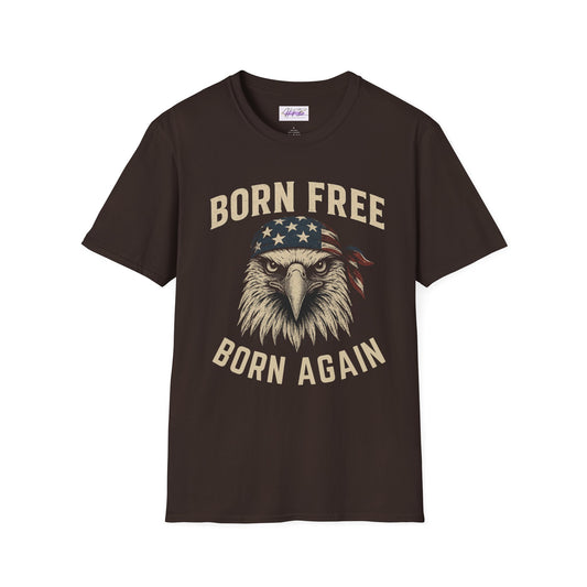 Born Free, Born Again Eagle Unisex Softstyle T-Shirt, Patriotic Graphic Tee for Independence Day, Memorial Day, Labor Day, Casual Wear, Gift