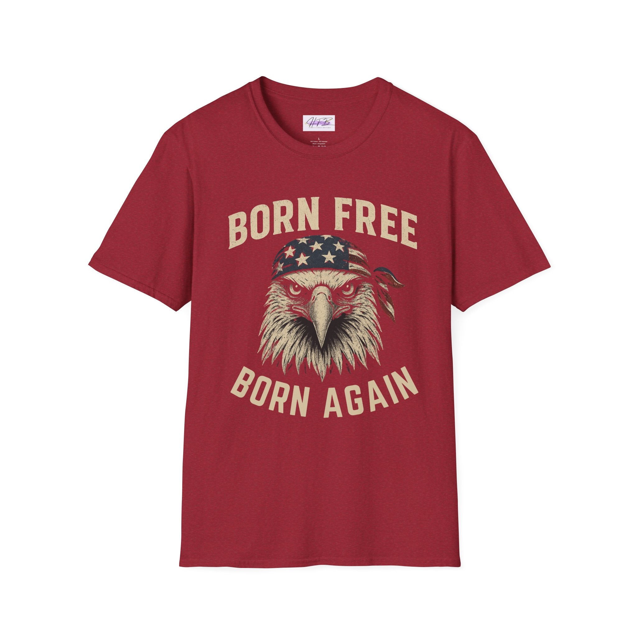 Born Free, Born Again Eagle Unisex Softstyle T-Shirt, Patriotic Graphic Tee for Independence Day, Memorial Day, Labor Day, Casual Wear, Gift