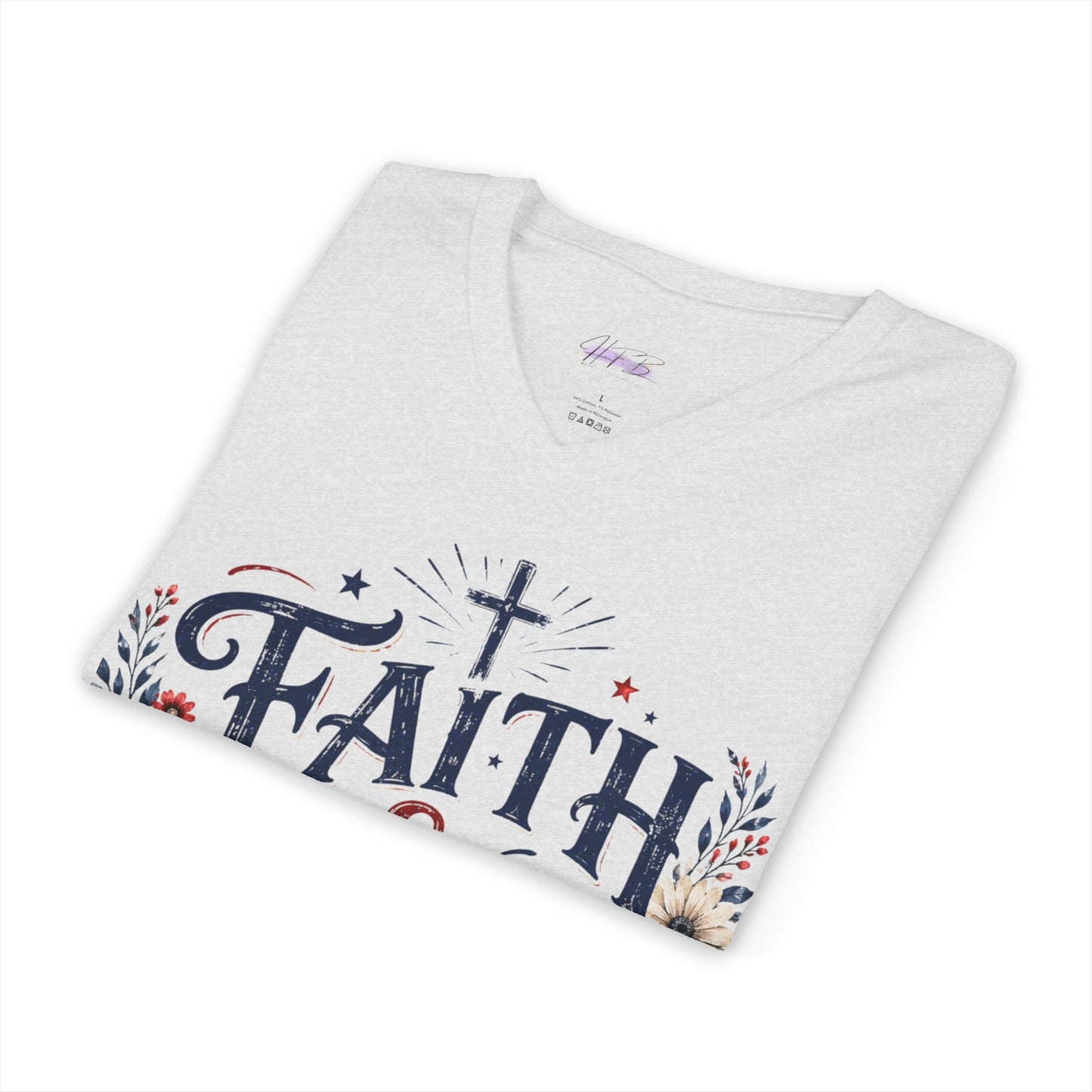 Faith & Freedom V-Neck Tee — Patriotic American Flag Floral Christian Shirt