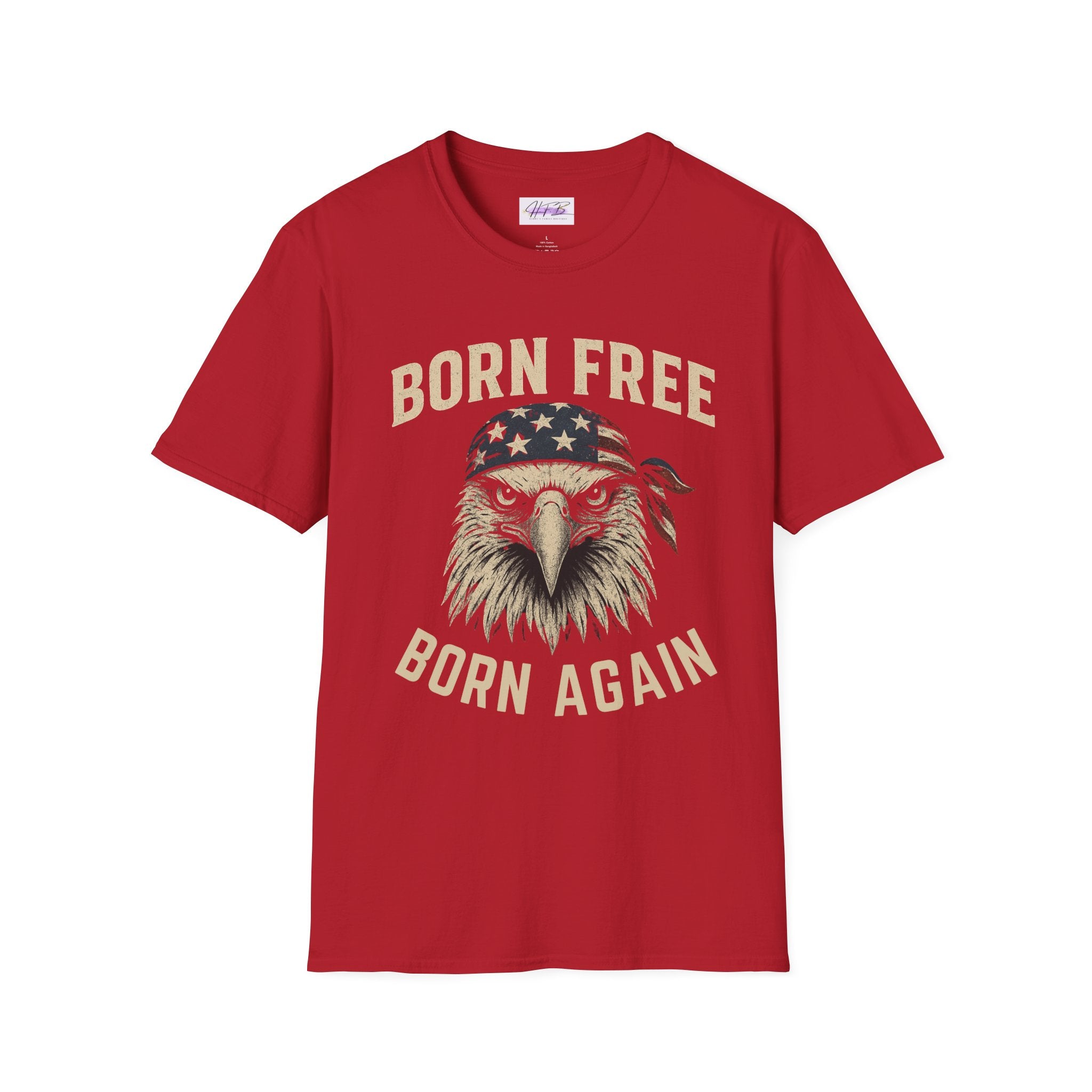 Born Free, Born Again Eagle Unisex Softstyle T-Shirt, Patriotic Graphic Tee for Independence Day, Memorial Day, Labor Day, Casual Wear, Gift