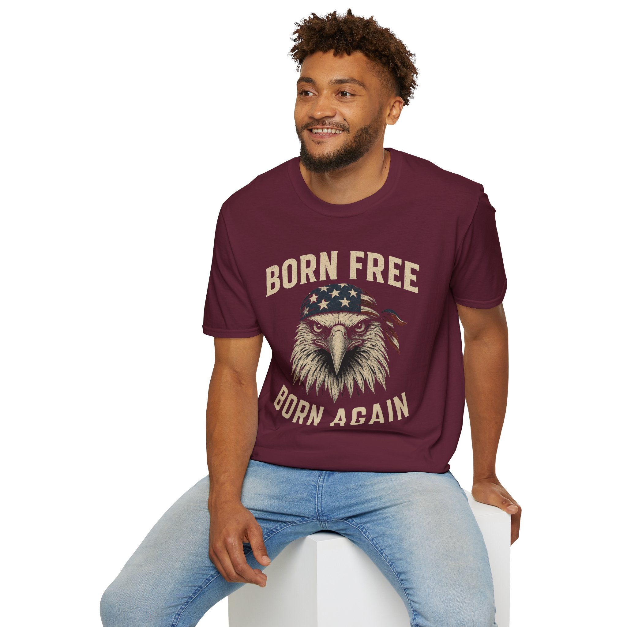 Born Free, Born Again Eagle Unisex Softstyle T-Shirt, Patriotic Graphic Tee for Independence Day, Memorial Day, Labor Day, Casual Wear, Gift