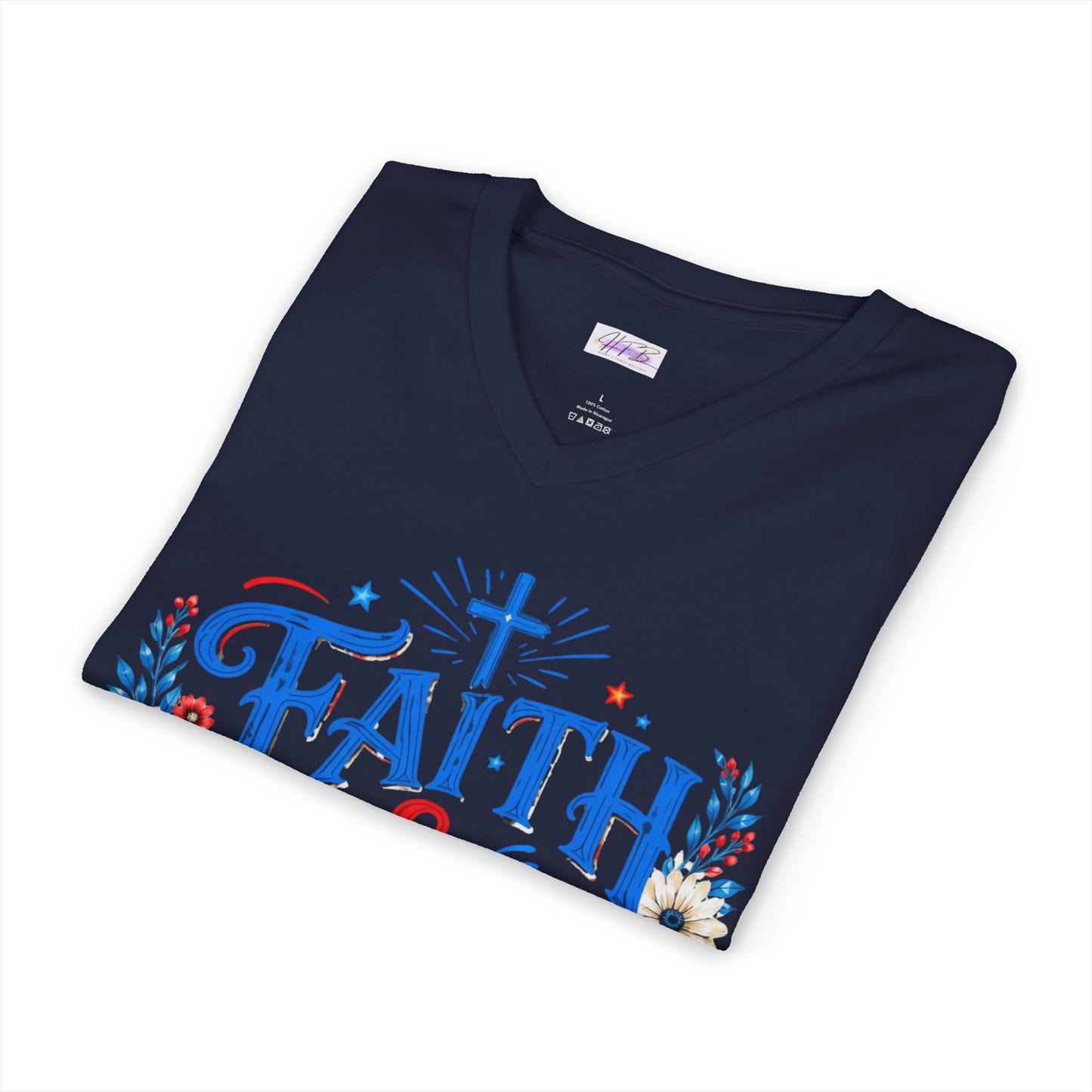 Faith & Freedom V-Neck Tee — Patriotic American Flag Floral Christian Shirt