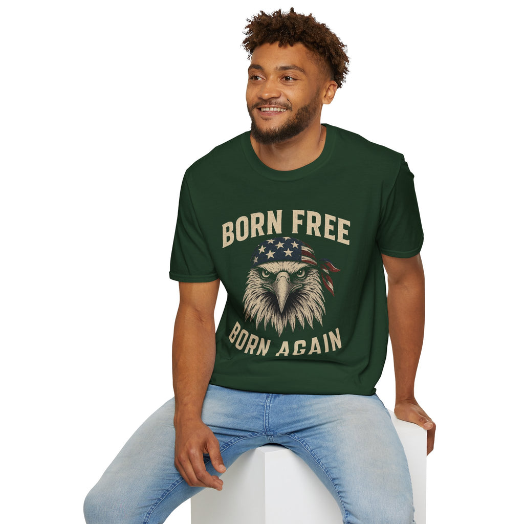 Born Free, Born Again Eagle Unisex Softstyle T-Shirt, Patriotic Graphic Tee for Independence Day, Memorial Day, Labor Day, Casual Wear, Gift