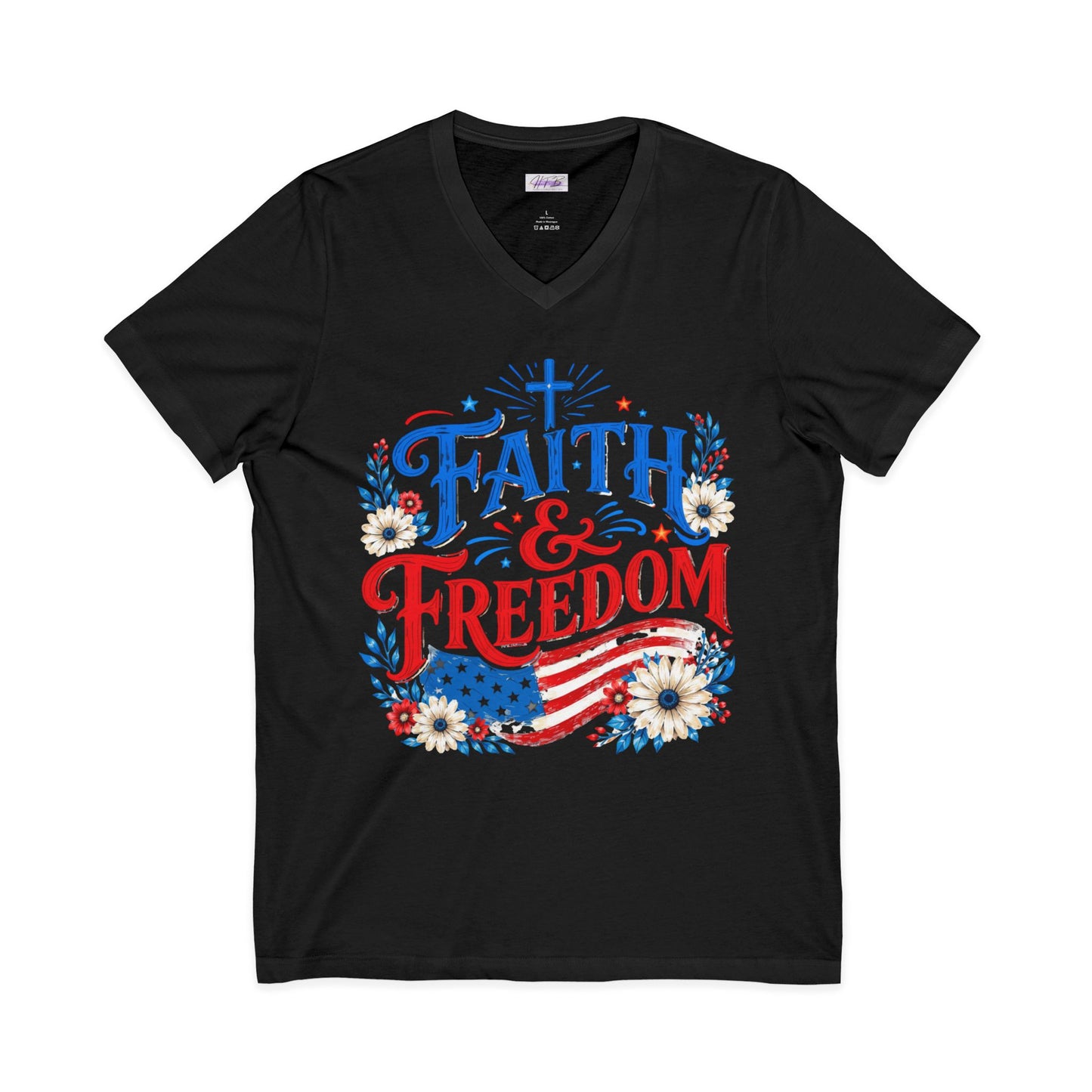 Faith & Freedom V-Neck Tee — Patriotic American Flag Floral Christian Shirt