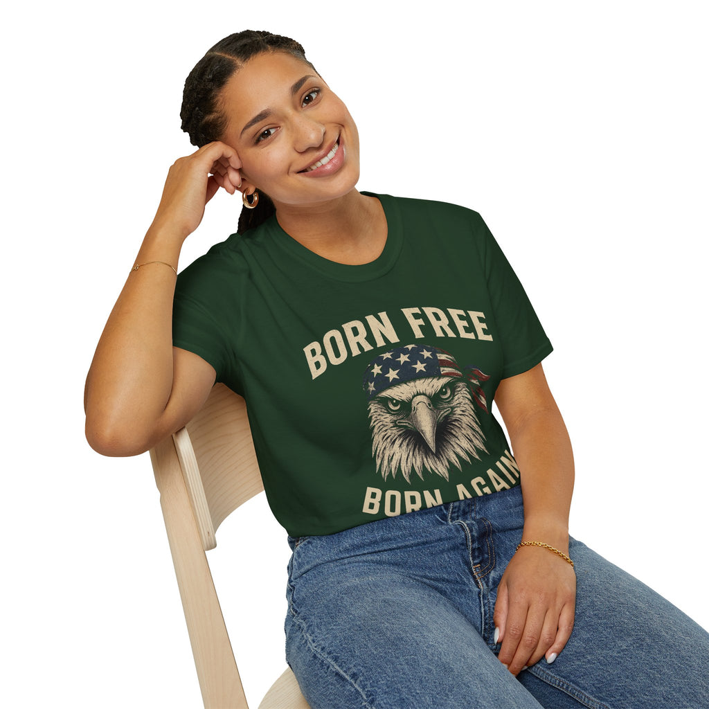 Born Free, Born Again Eagle Unisex Softstyle T-Shirt, Patriotic Graphic Tee for Independence Day, Memorial Day, Labor Day, Casual Wear, Gift
