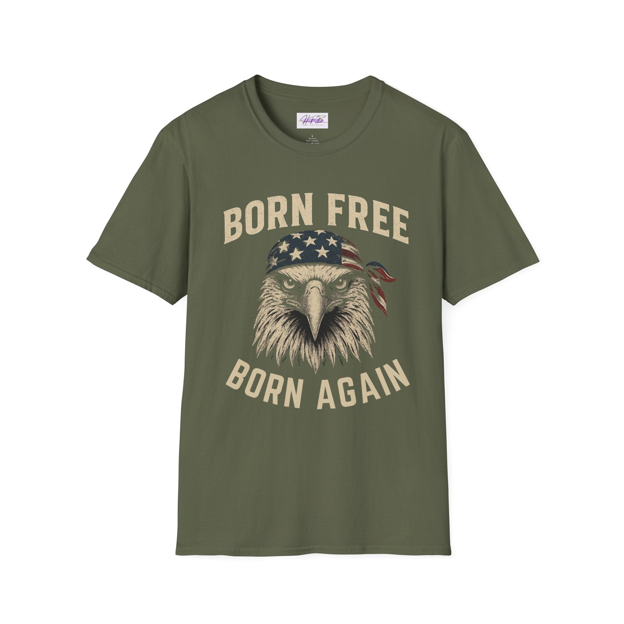 Born Free, Born Again Eagle Unisex Softstyle T-Shirt, Patriotic Graphic Tee for Independence Day, Memorial Day, Labor Day, Casual Wear, Gift
