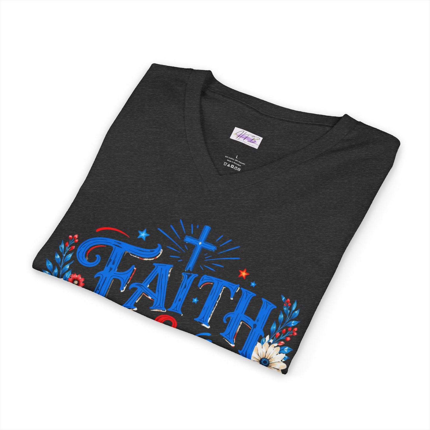 Faith & Freedom V-Neck Tee — Patriotic American Flag Floral Christian Shirt