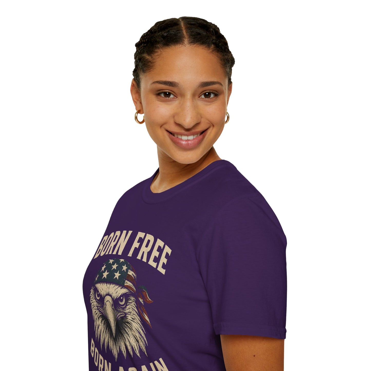 Born Free, Born Again Eagle Unisex Softstyle T-Shirt, Patriotic Graphic Tee for Independence Day, Memorial Day, Labor Day, Casual Wear, Gift