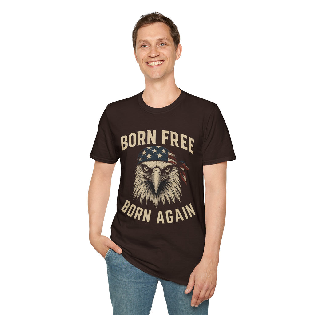 Born Free, Born Again Eagle Unisex Softstyle T-Shirt, Patriotic Graphic Tee for Independence Day, Memorial Day, Labor Day, Casual Wear, Gift