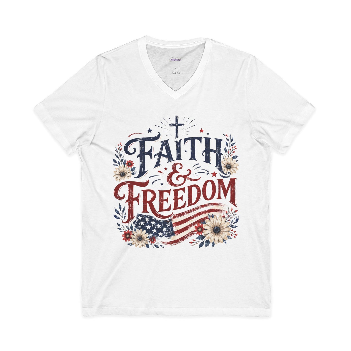 Faith & Freedom V-Neck Tee — Patriotic American Flag Floral Christian Shirt