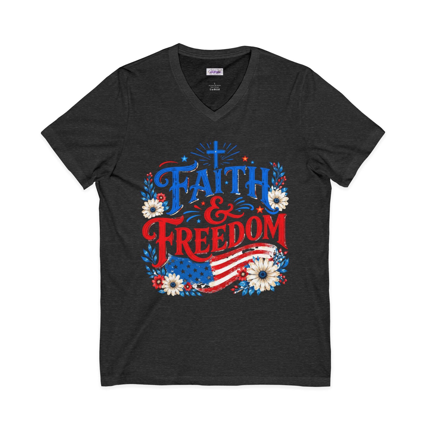 Faith & Freedom V-Neck Tee — Patriotic American Flag Floral Christian Shirt