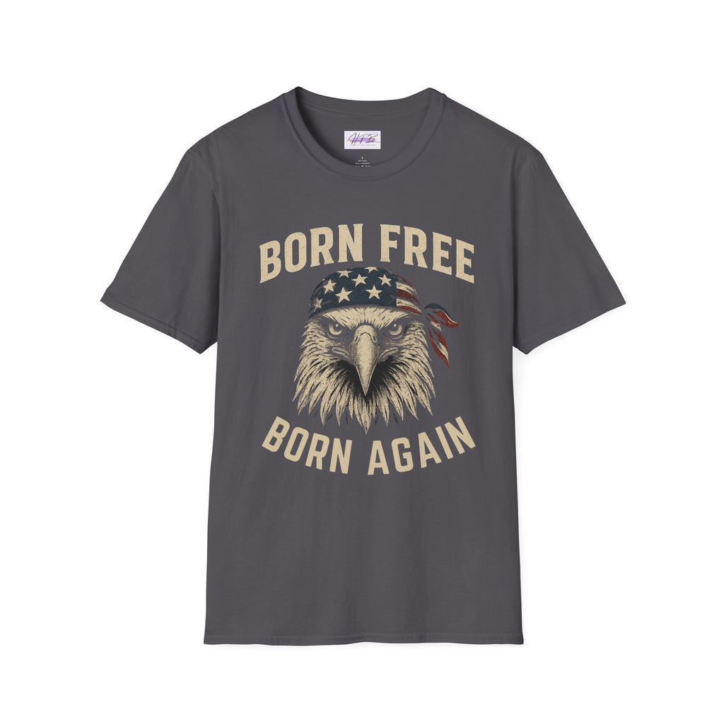 Born Free, Born Again Eagle Unisex Softstyle T-Shirt, Patriotic Graphic Tee for Independence Day, Memorial Day, Labor Day, Casual Wear, Gift
