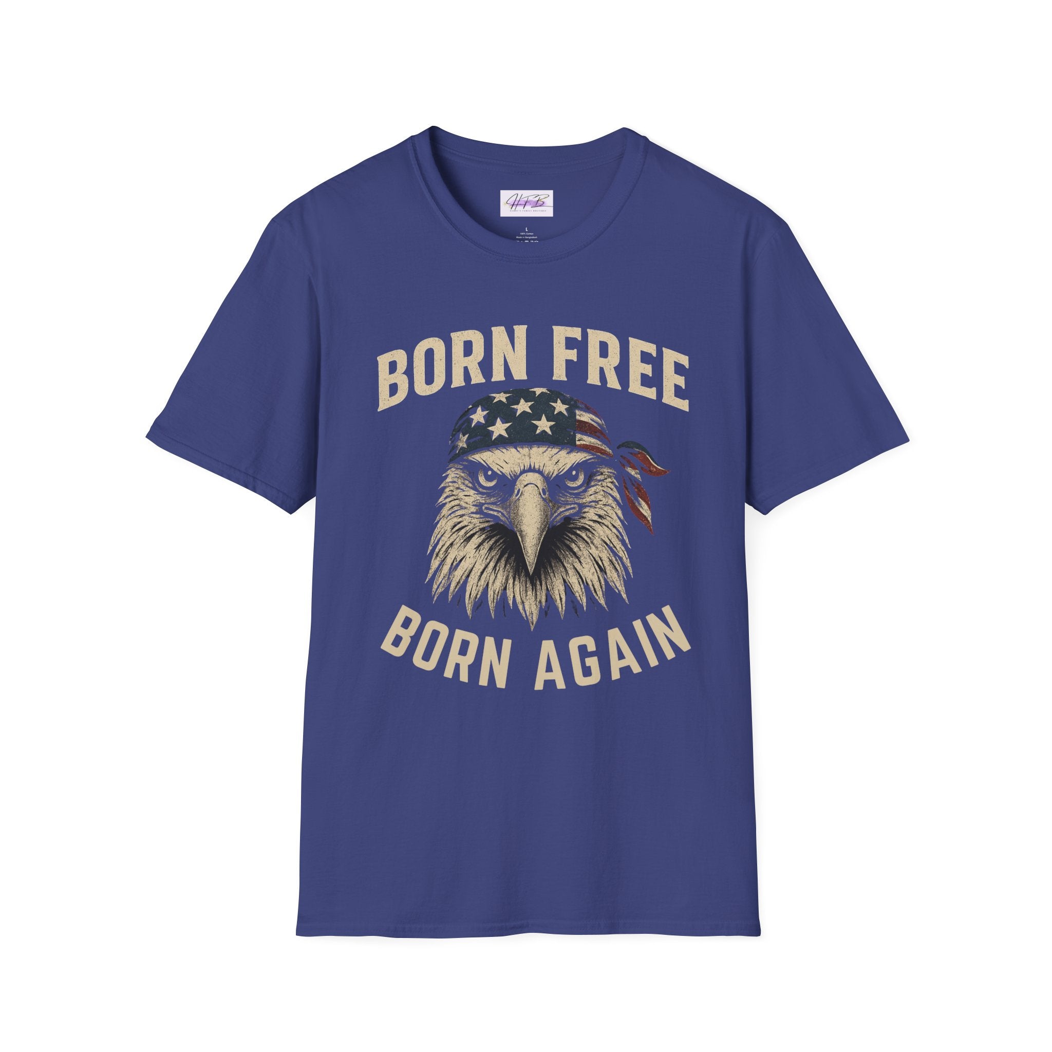 Born Free, Born Again Eagle Unisex Softstyle T-Shirt, Patriotic Graphic Tee for Independence Day, Memorial Day, Labor Day, Casual Wear, Gift