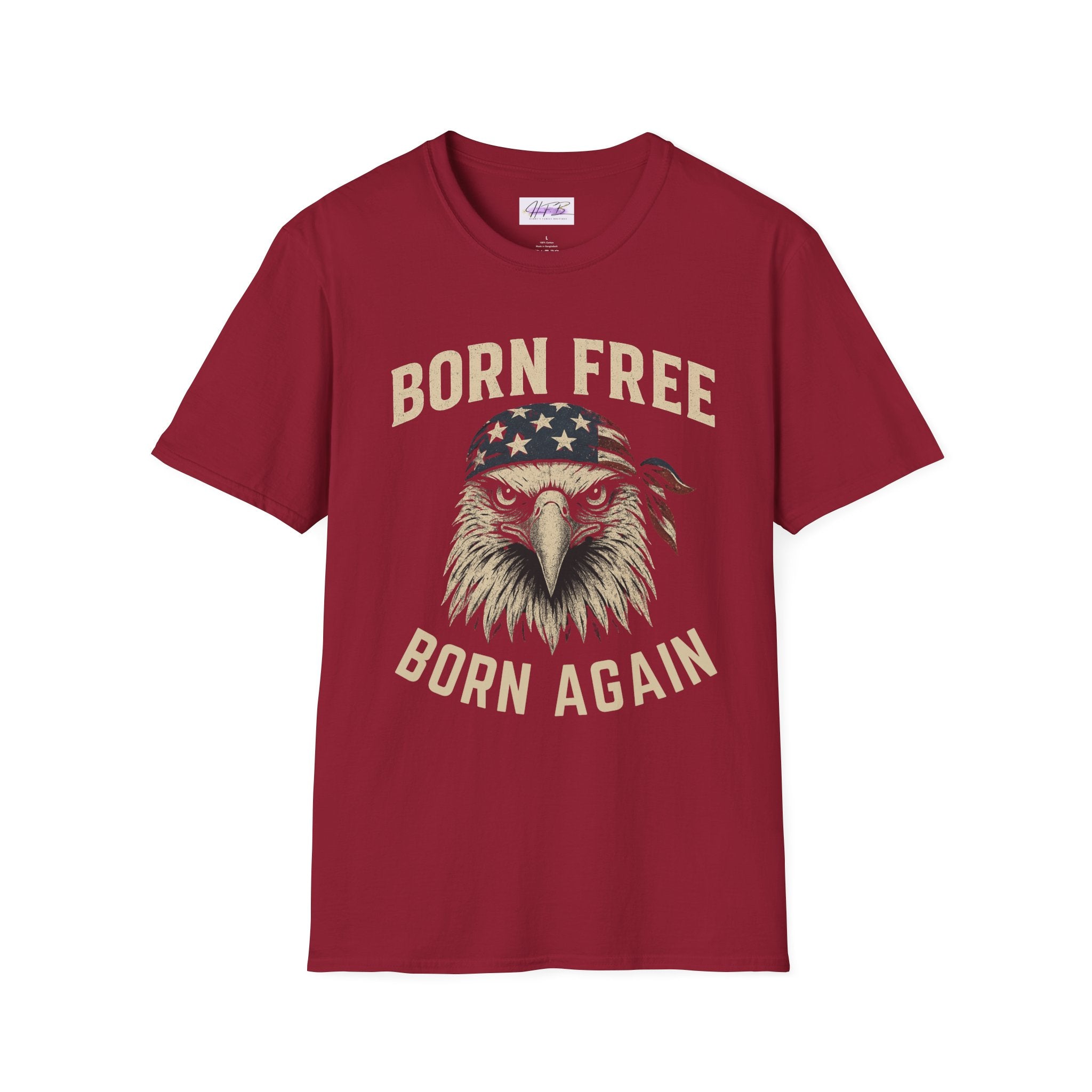 Born Free, Born Again Eagle Unisex Softstyle T-Shirt, Patriotic Graphic Tee for Independence Day, Memorial Day, Labor Day, Casual Wear, Gift