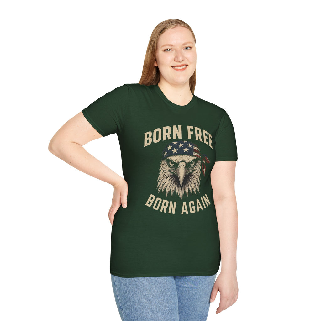 Born Free, Born Again Eagle Unisex Softstyle T-Shirt, Patriotic Graphic Tee for Independence Day, Memorial Day, Labor Day, Casual Wear, Gift
