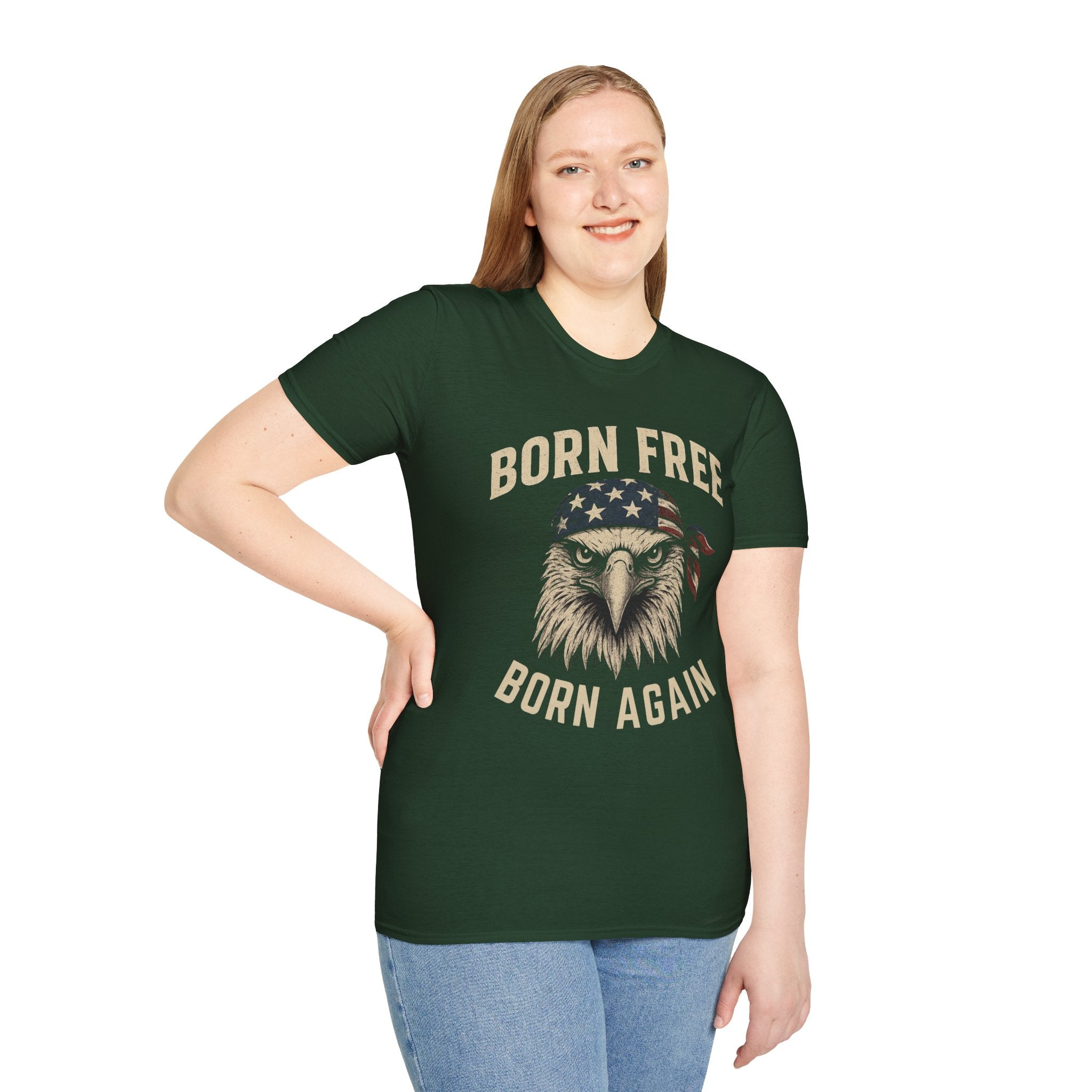 Born Free, Born Again Eagle Unisex Softstyle T-Shirt, Patriotic Graphic Tee for Independence Day, Memorial Day, Labor Day, Casual Wear, Gift
