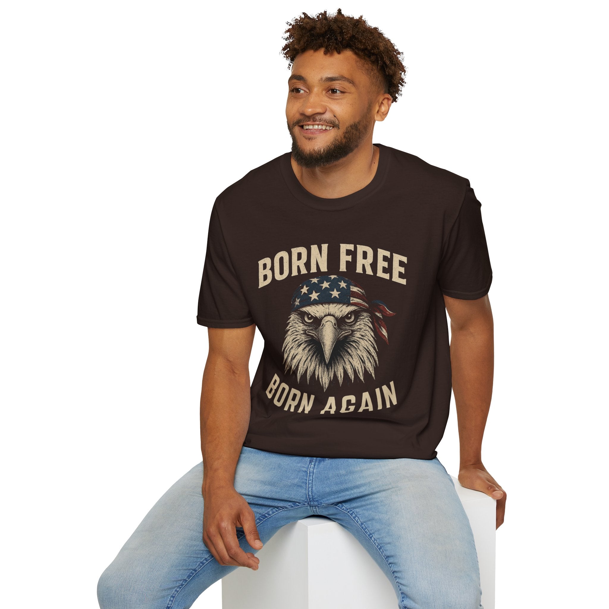 Born Free, Born Again Eagle Unisex Softstyle T-Shirt, Patriotic Graphic Tee for Independence Day, Memorial Day, Labor Day, Casual Wear, Gift
