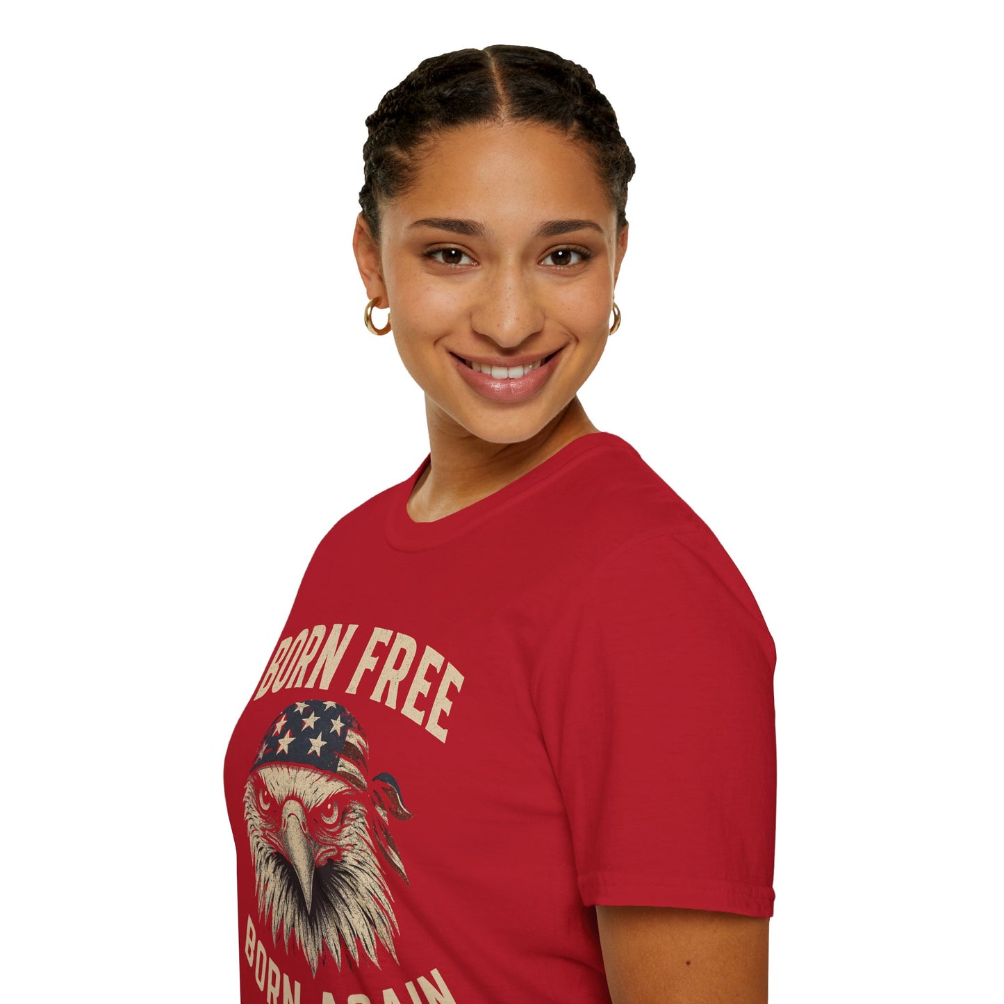 Born Free, Born Again Eagle Unisex Softstyle T-Shirt, Patriotic Graphic Tee for Independence Day, Memorial Day, Labor Day, Casual Wear, Gift