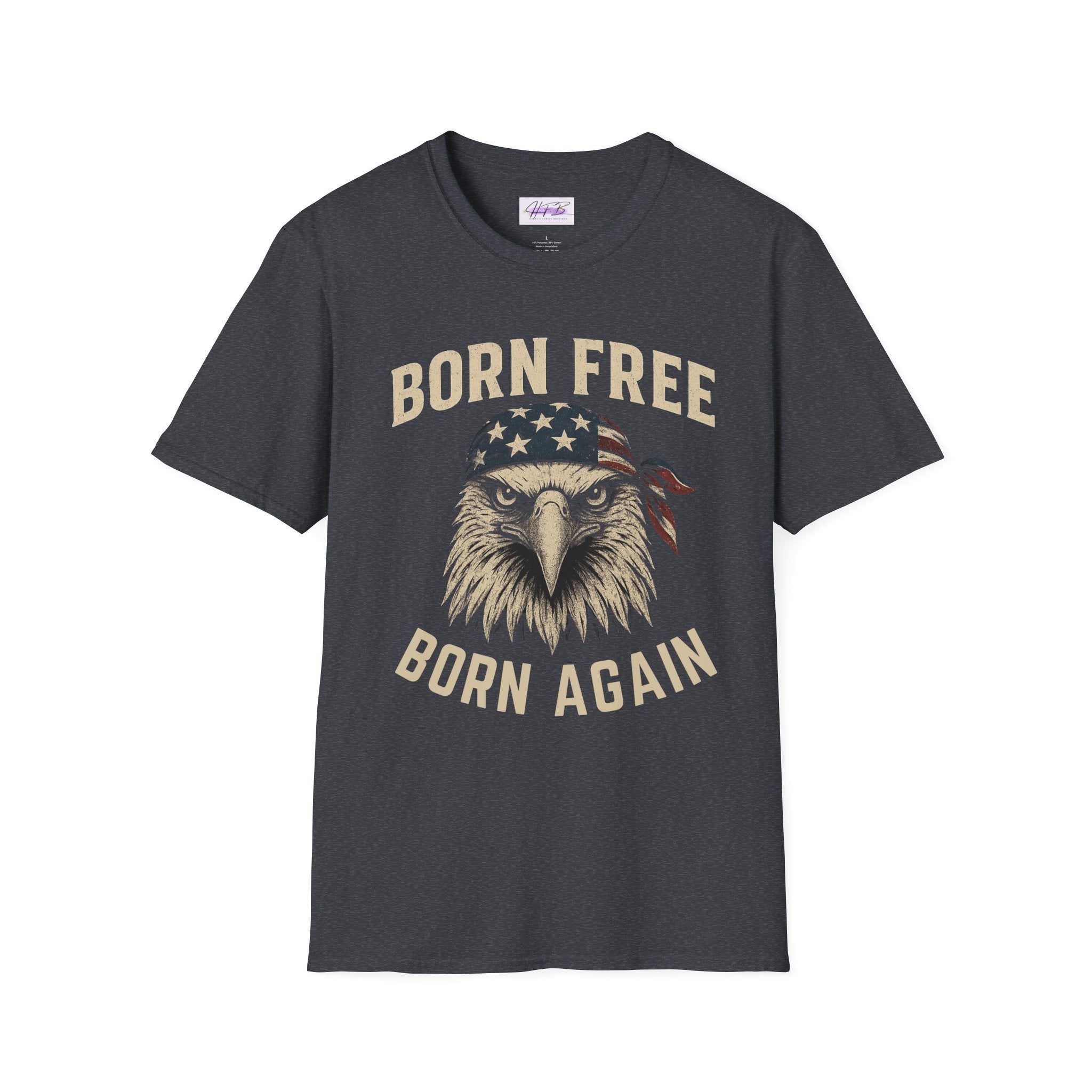 Born Free, Born Again Eagle Unisex Softstyle T-Shirt, Patriotic Graphic Tee for Independence Day, Memorial Day, Labor Day, Casual Wear, Gift