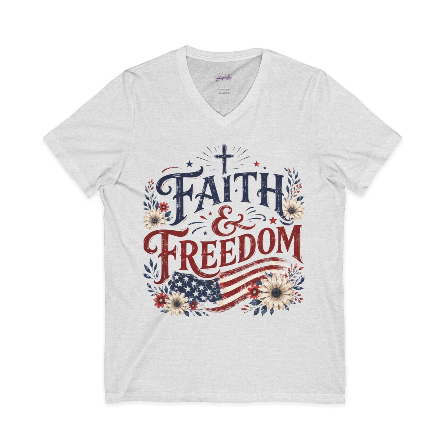 Faith & Freedom V-Neck Tee — Patriotic American Flag Floral Christian Shirt