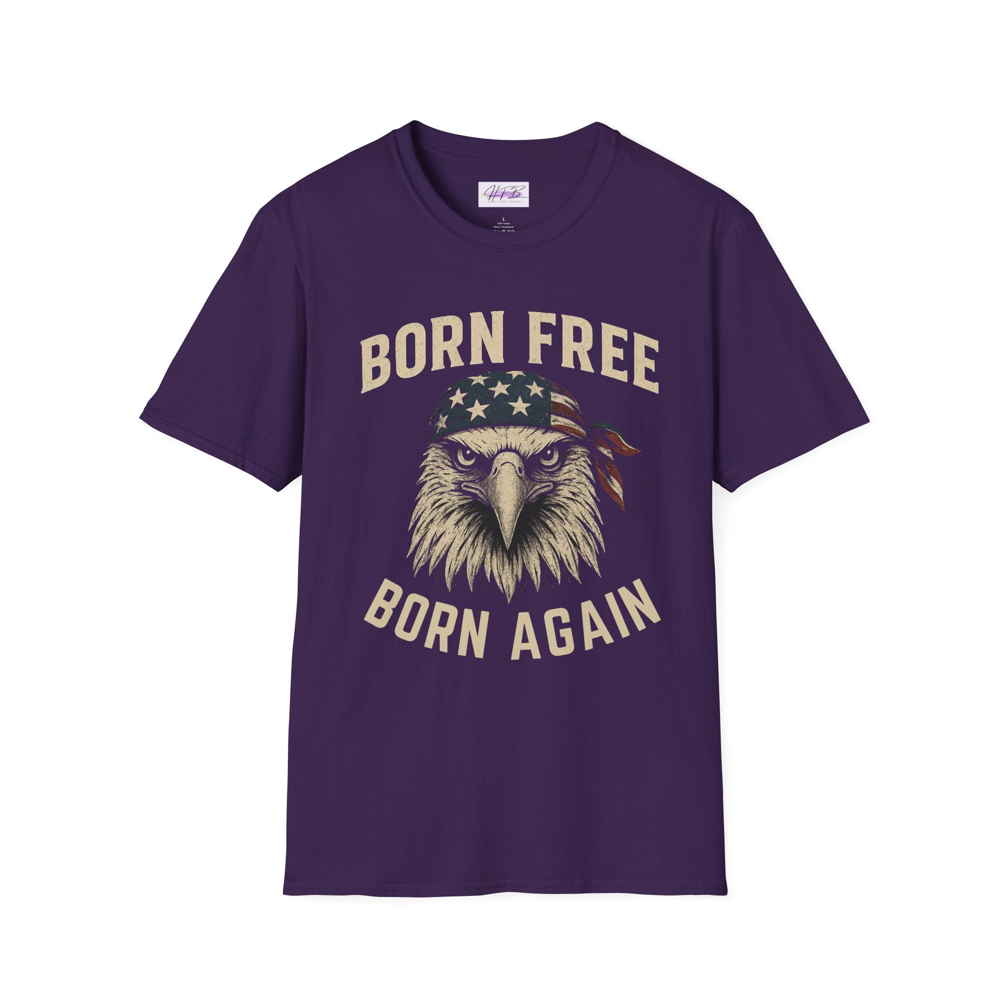 Born Free, Born Again Eagle Unisex Softstyle T-Shirt, Patriotic Graphic Tee for Independence Day, Memorial Day, Labor Day, Casual Wear, Gift
