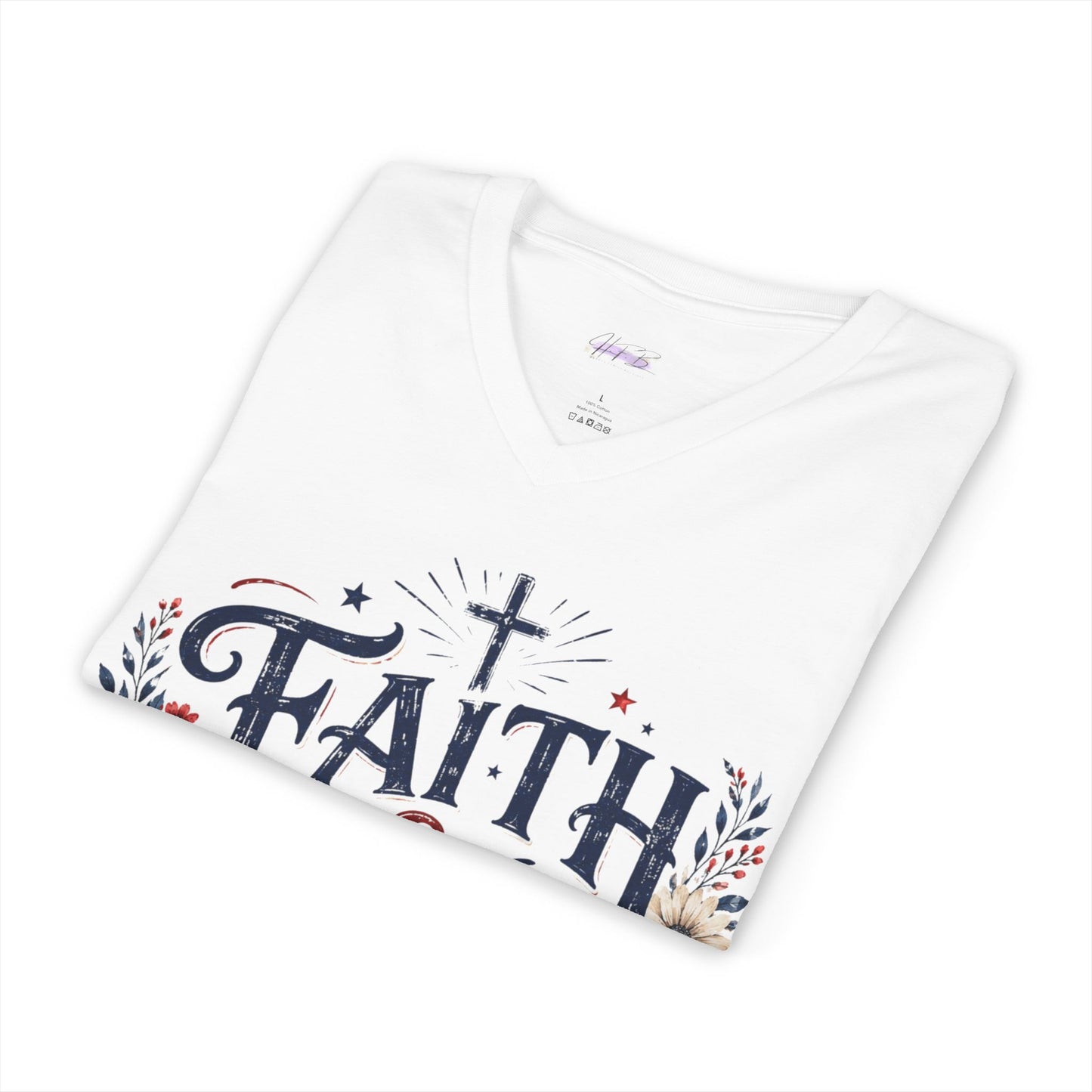 Faith & Freedom V-Neck Tee — Patriotic American Flag Floral Christian Shirt