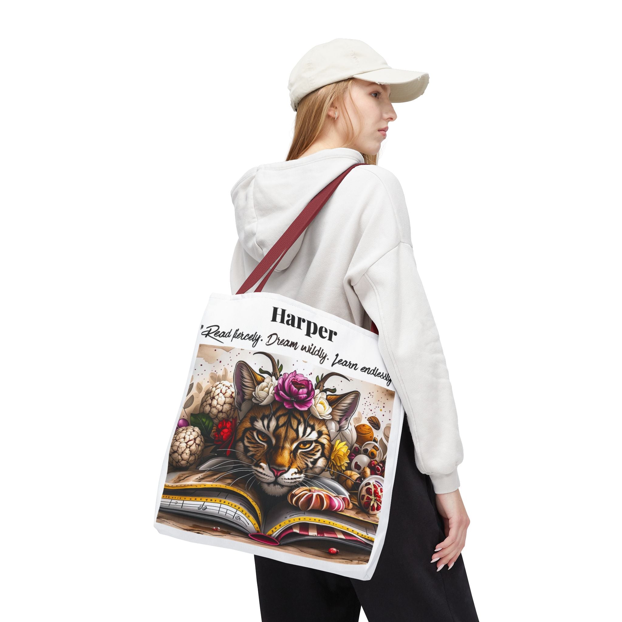 Personalized Reading Tote Bag | Custom Name Tote | Book Lover Bag | Library Bag | Reading Tiger Tote | Dream Wildly Book Bag