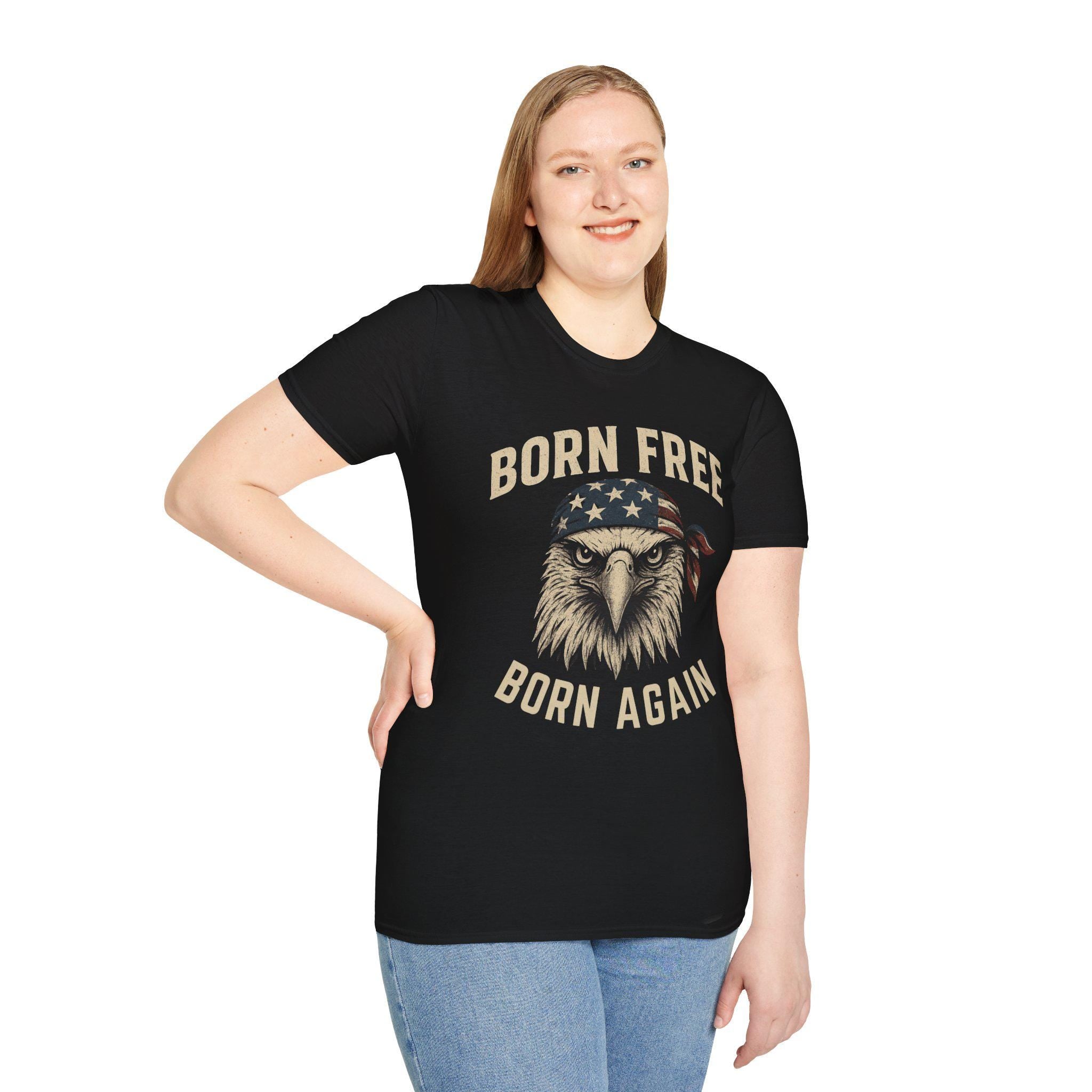 Born Free, Born Again Eagle Unisex Softstyle T-Shirt, Patriotic Graphic Tee for Independence Day, Memorial Day, Labor Day, Casual Wear, Gift