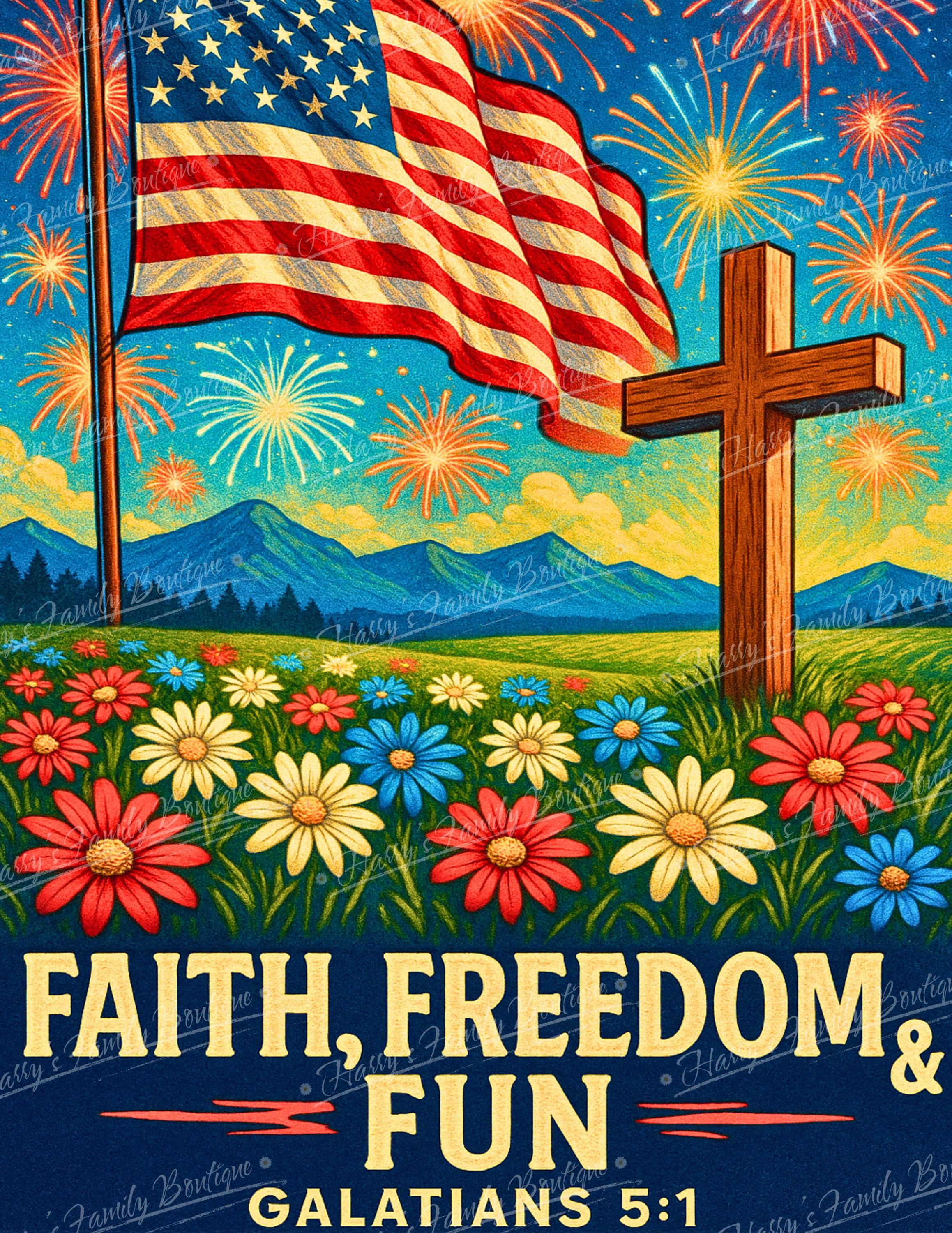 Patriotic Faith Digital Download | American Flag Fireworks Cross Art | Galatians 5:1 Printable | 4th of July Shirt or Tote Design | Christia