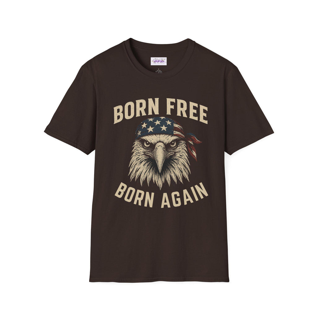 Born Free, Born Again Eagle Unisex Softstyle T-Shirt, Patriotic Graphic Tee for Independence Day, Memorial Day, Labor Day, Casual Wear, Gift