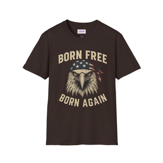 Born Free, Born Again Eagle Unisex Softstyle T-Shirt, Patriotic Graphic Tee for Independence Day, Memorial Day, Labor Day, Casual Wear, Gift
