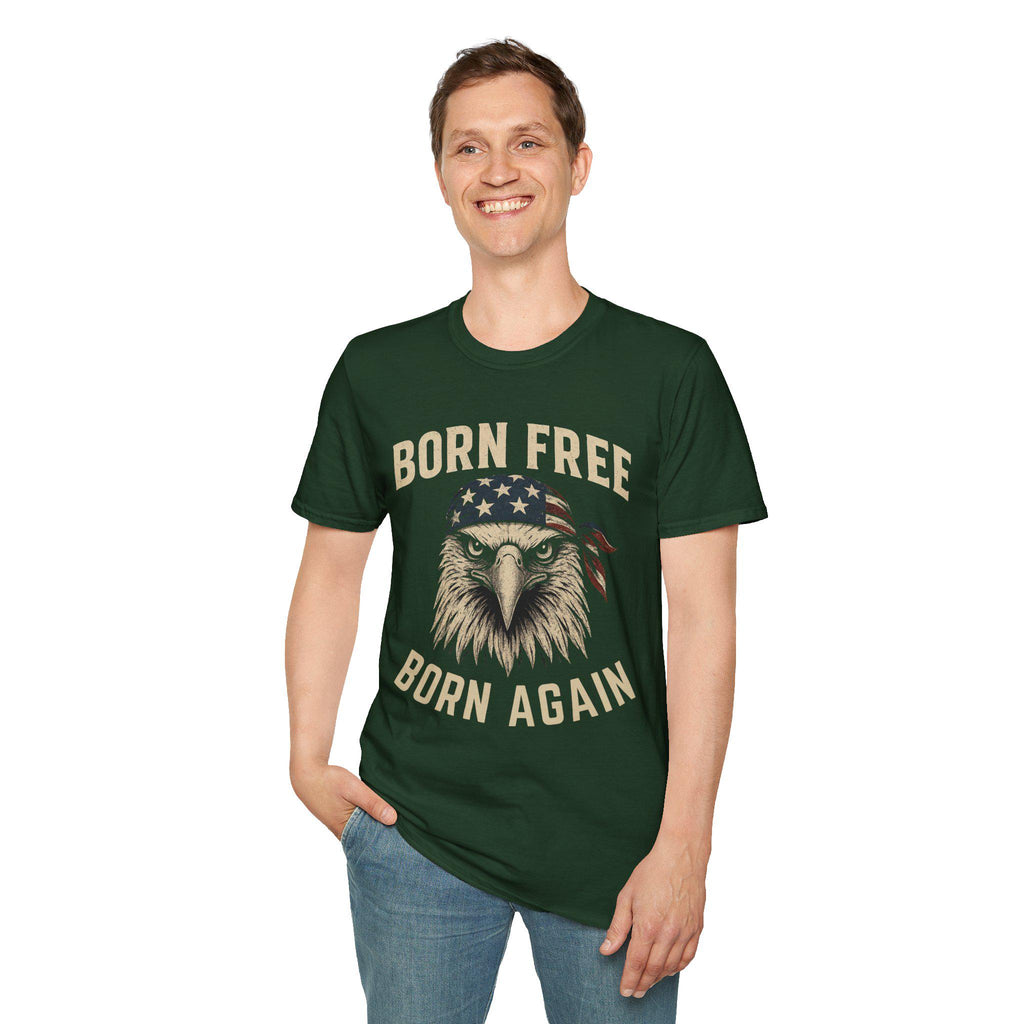 Born Free, Born Again Eagle Unisex Softstyle T-Shirt, Patriotic Graphic Tee for Independence Day, Memorial Day, Labor Day, Casual Wear, Gift