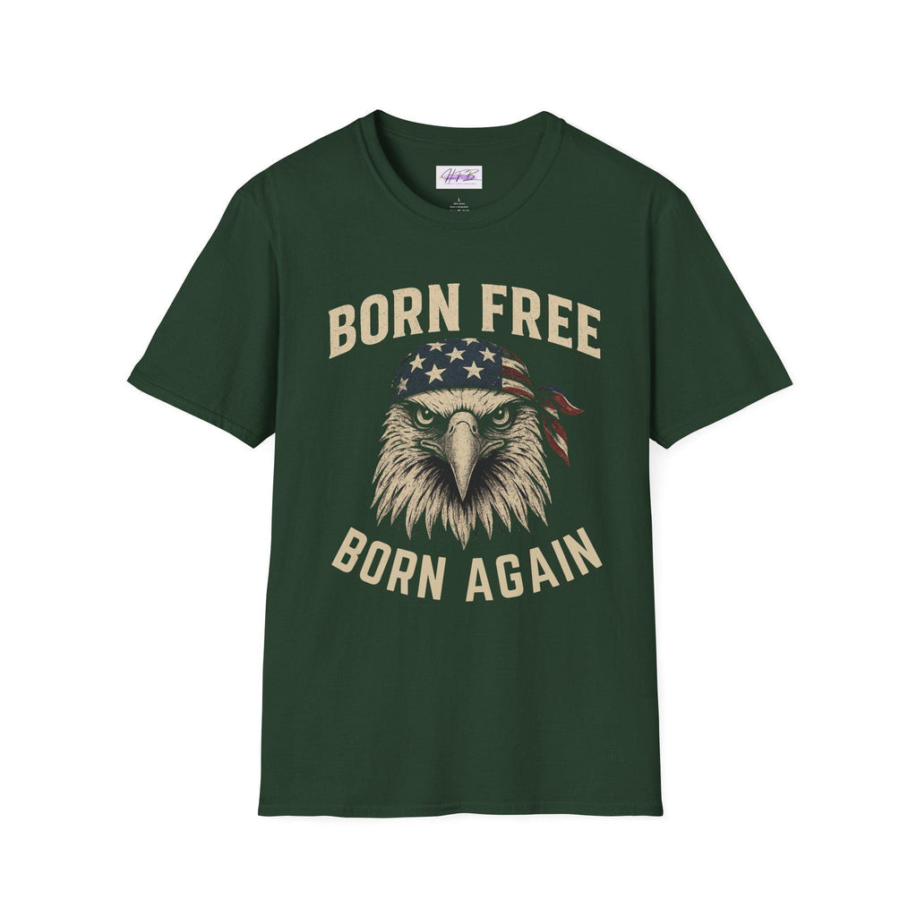 Born Free, Born Again Eagle Unisex Softstyle T-Shirt, Patriotic Graphic Tee for Independence Day, Memorial Day, Labor Day, Casual Wear, Gift
