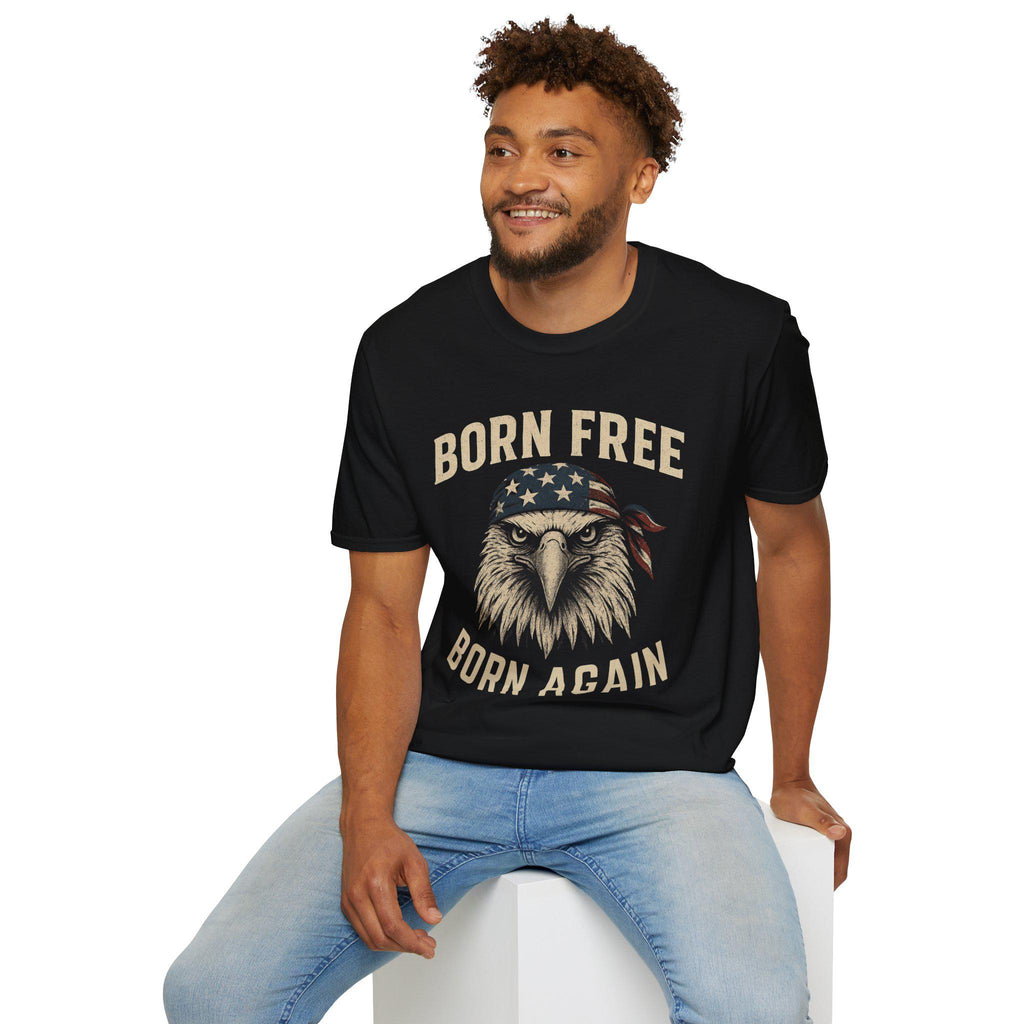 Born Free, Born Again Eagle Unisex Softstyle T-Shirt, Patriotic Graphic Tee for Independence Day, Memorial Day, Labor Day, Casual Wear, Gift
